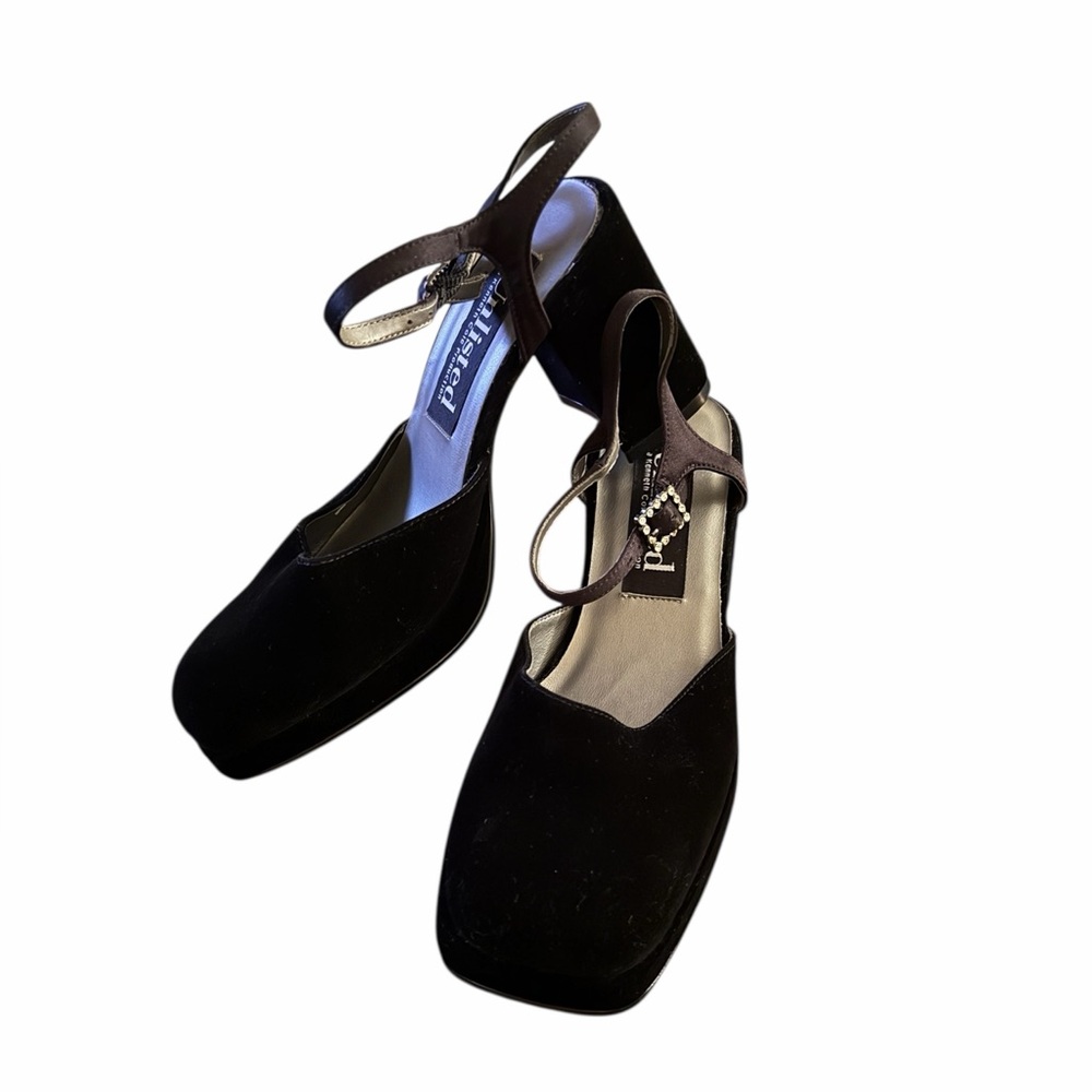 Unlisted•Black Block Heel Velvet Shoes Rhinestone Accent Buckle - Picture 8 of 8